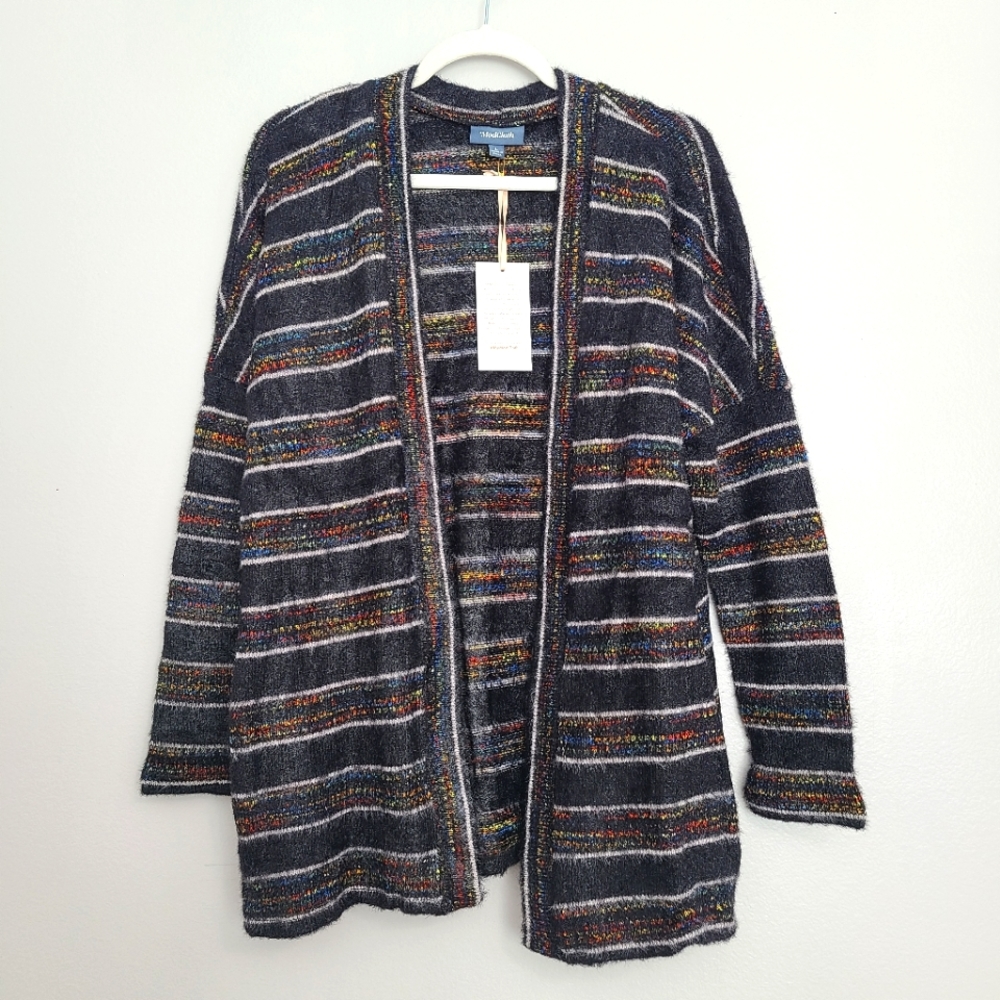Modcloth Fuzzy Black Multicolor Metallic Striped Open Front Cardigan w/ Pockets
